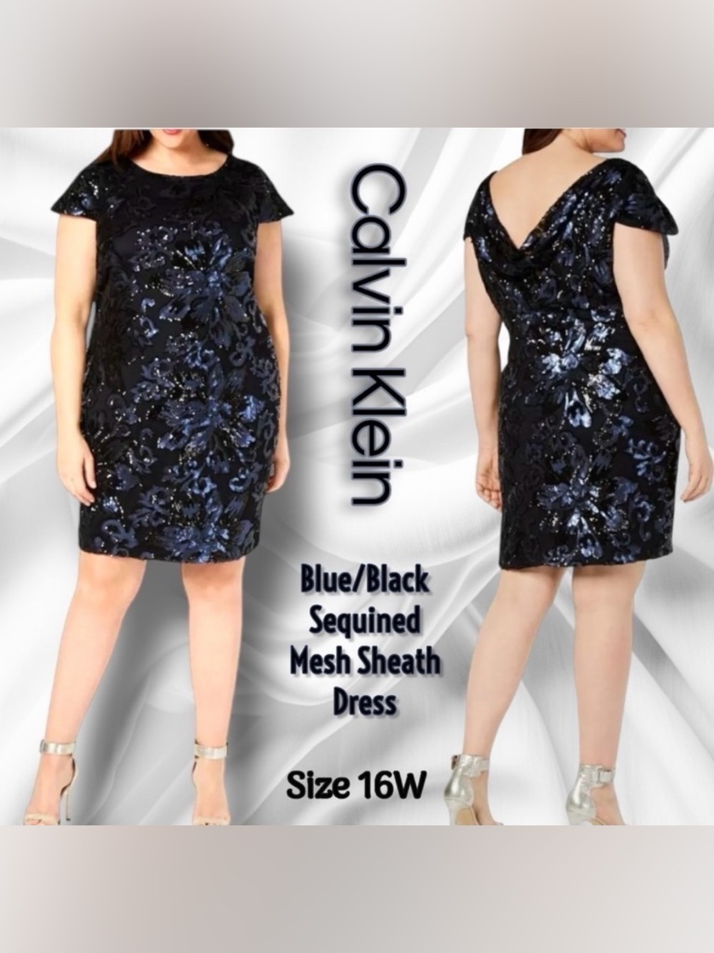 CALVIN KLEIN Women's Blue/black Plus Size 20W Sequined Mesh Sheath Dress